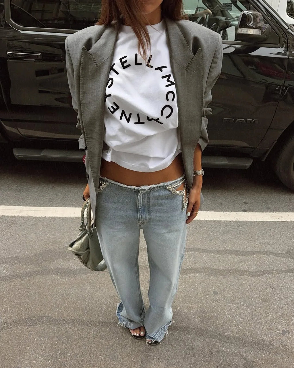 Calça Jeans Feminina Y2K Chic com Estrelas e Diamantes, Cintura Baixa, Recortes Laterais, Perna Larga Solta, Estilo Hip-Hop Streetwear Retrô Elegante