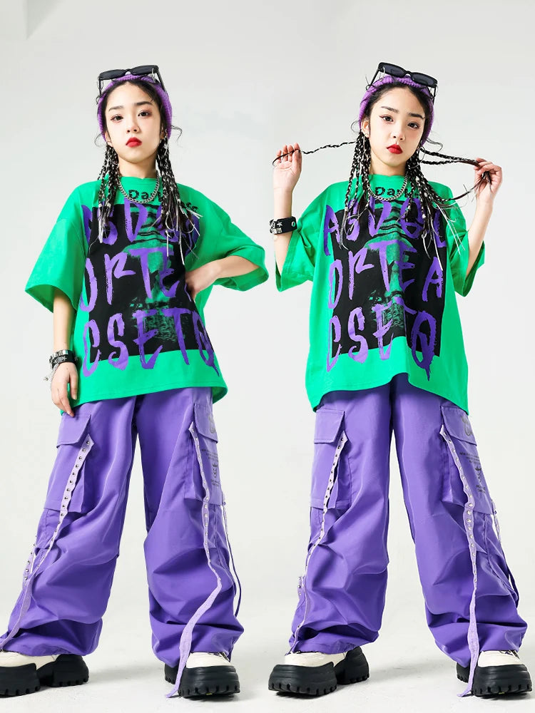 Conjunto de camiseta e calças infantis legais, trajes de jazz, Hip Hop Streetwear, roupas femininas, moda feminina, corredores de rua, colete infantil