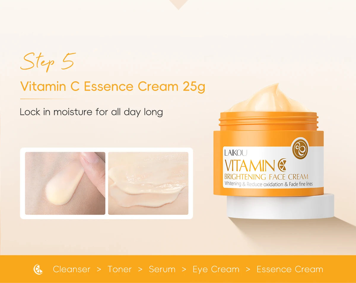 Laikou vitamin c conjunto de cuidados com a pele iluminando 5 pçs kit mesmo tom da pele suave rugas apertar poros limpador toner soro creme para os olhos