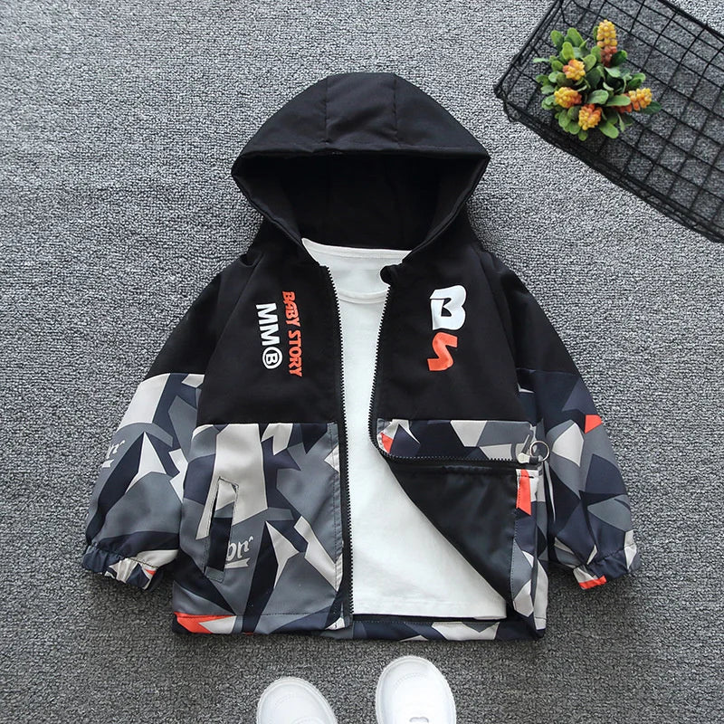 Meninos outono jaquetas com capuz primavera crianças zíper fino blusão casaco casual impressão meninas outerwear crianças trench roupas 2-8y