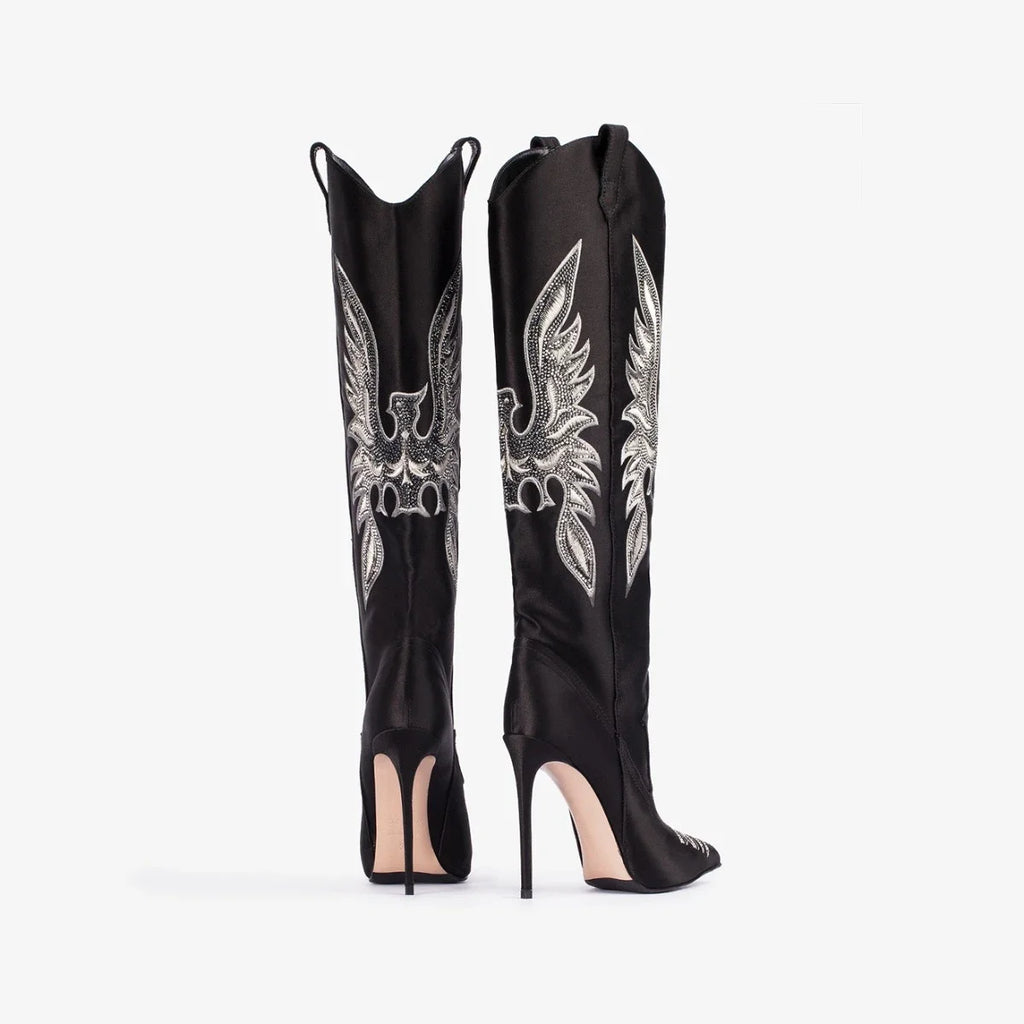 Moda feminina europeia e americana salto alto apontado ocidental denim bordado linha joelho manga alta botas de strass