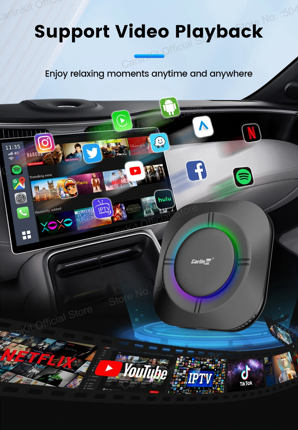 CarlinKit Android 13 LED AI Box Wireless CarPlay Wireless Android Auto Smart Car Multimedia Box Qualcomm 8-Core Chip Cartão SD Expandir para 512 GB Suporte Vídeo Online