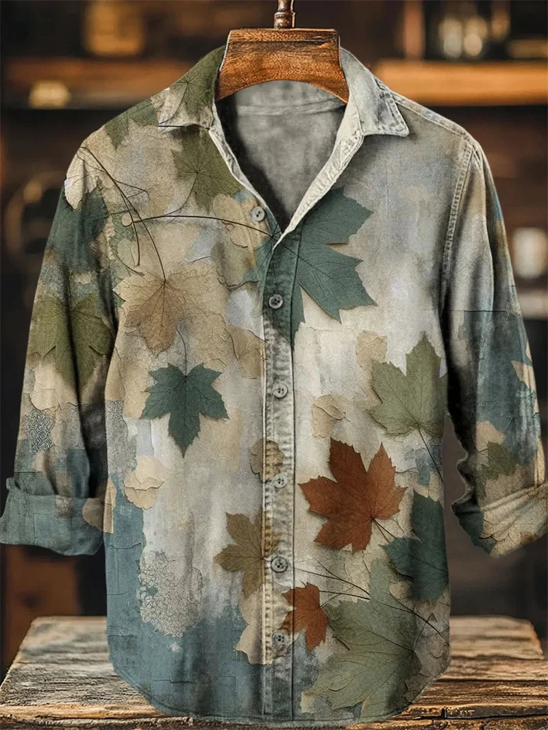 Camisa masculina de linho com estampa de arte 3D casual estilo vintage manga comprida gola de lapela top fashion engraçado estampado bege top