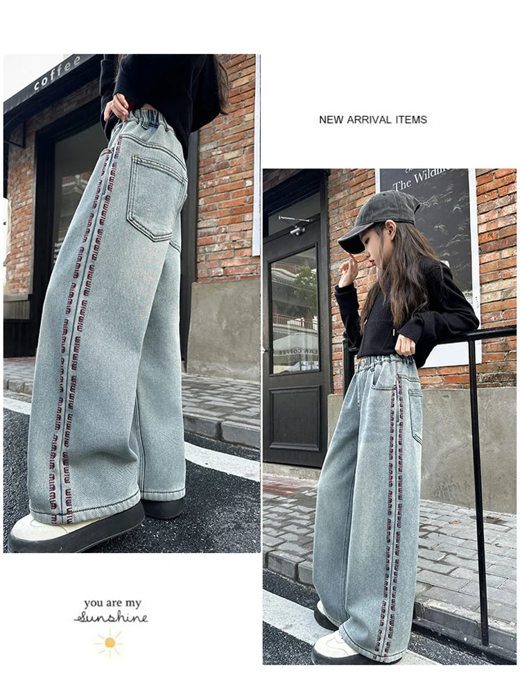 Crianças inverno calças de brim térmicas para meninas estilo casual em linha reta solta jeans grossos com lã forrado crianças calças jeans quentes