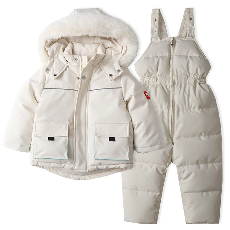 Terno de esqui infantil, jaqueta e calças à prova de vento e à prova d'água, casaco de neve, macacão, calças para baixo, parkas, conjuntos macios e quentes