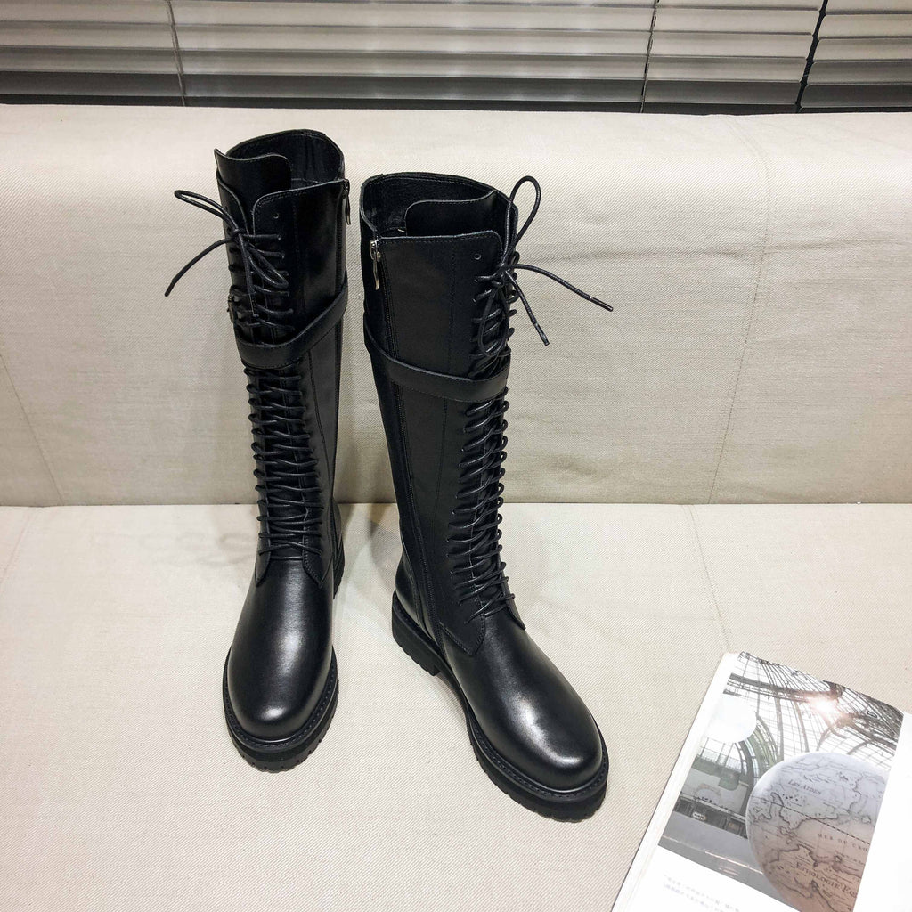 Krazing pot-botas de couro genuíno com cordões e saltos baixos, dedo do pé redondo, punk, superstar, fecho de fivela, sobre o joelho, tamanho grande