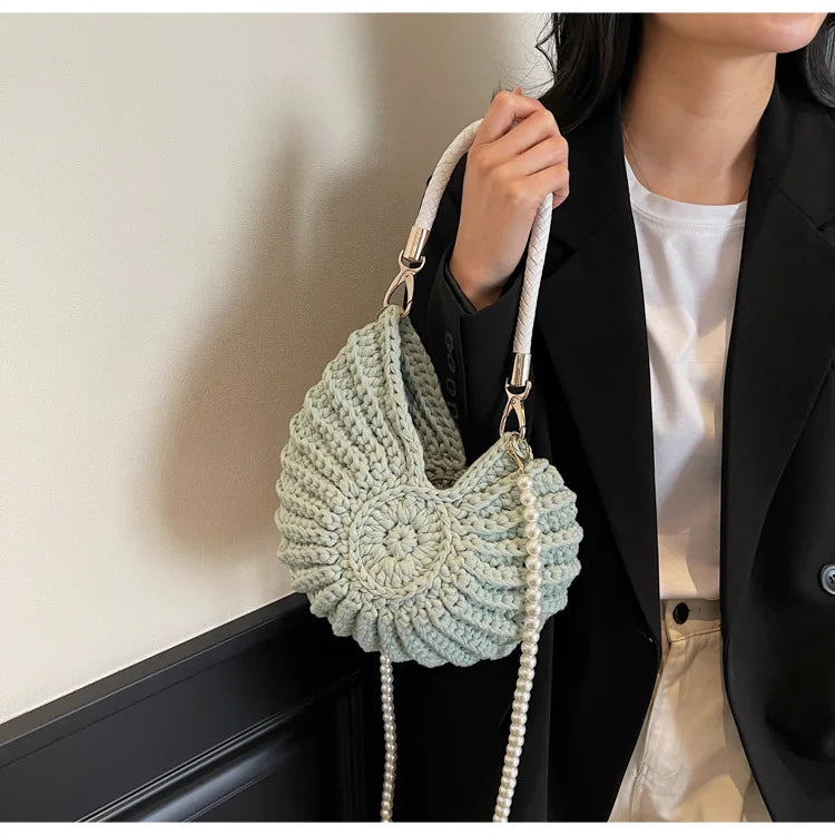 Criativo concha em forma de crochê feminino ombro sacos engraçado bonito pérolas correntes artesanal tecer crossbody saco novidade pequenas bolsas