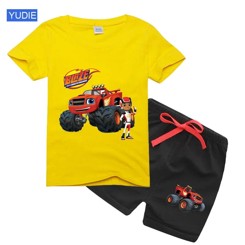 Conjunto de t-shirts e shorts para bebês e meninas, roupas de desenhos animados, velocidade incrível, carros, máquinas monstro, crianças, terno 2pcs, verão