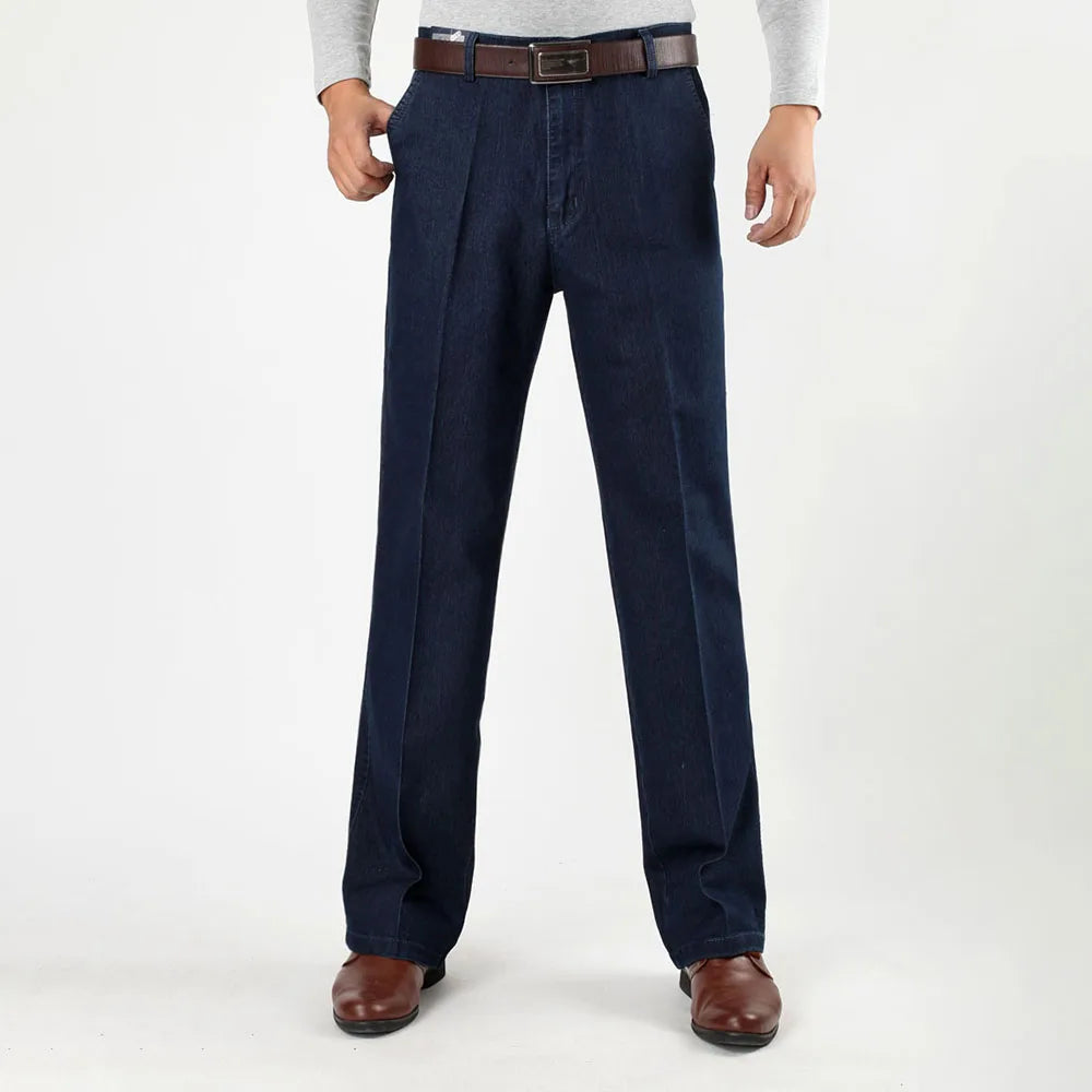 Calça jeans masculina clássica, tamanho 30-45, social, plus size, baggy em algodão, azul, trabalho