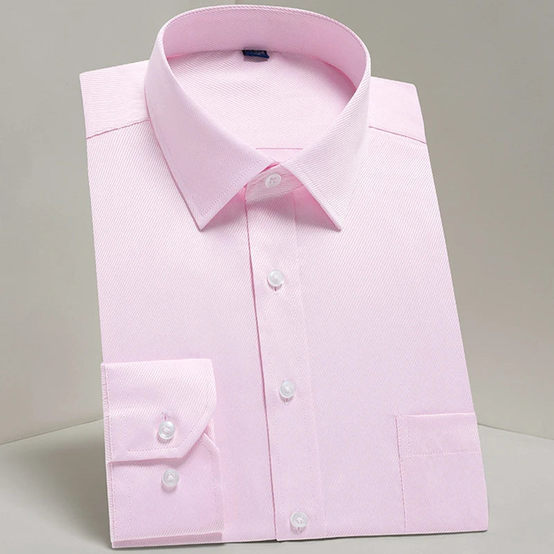 Camisas sociais masculinas clássicas de manga comprida, ajuste padrão, formal, negócios, social, simples, design básico, branco, trabalho, escritório, camisa casual