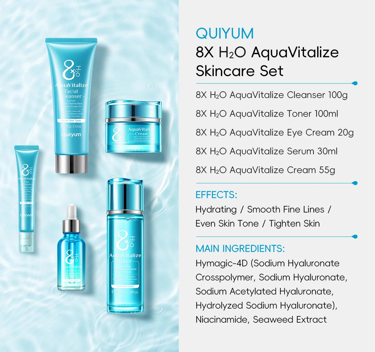 QUIYUM 8X H2O AquaVitalize Skincare Set 5PCS Kit de hidratação profunda Rugas Suavização Tratamento de aperto Conjunto de presente