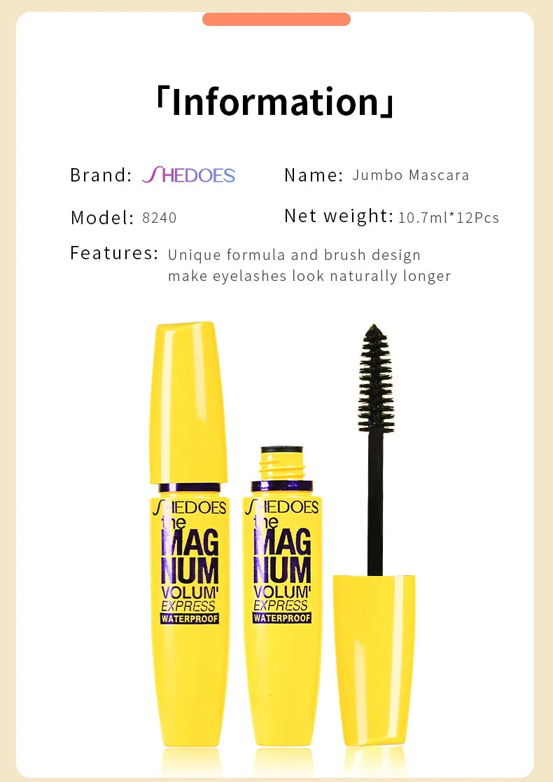 SHEDOES Rímel amarelo à prova d'água, alongamento, ondulação, volumizador, natural, de longa duração, à prova de manchas, cosméticos de maquiagem para os olhos