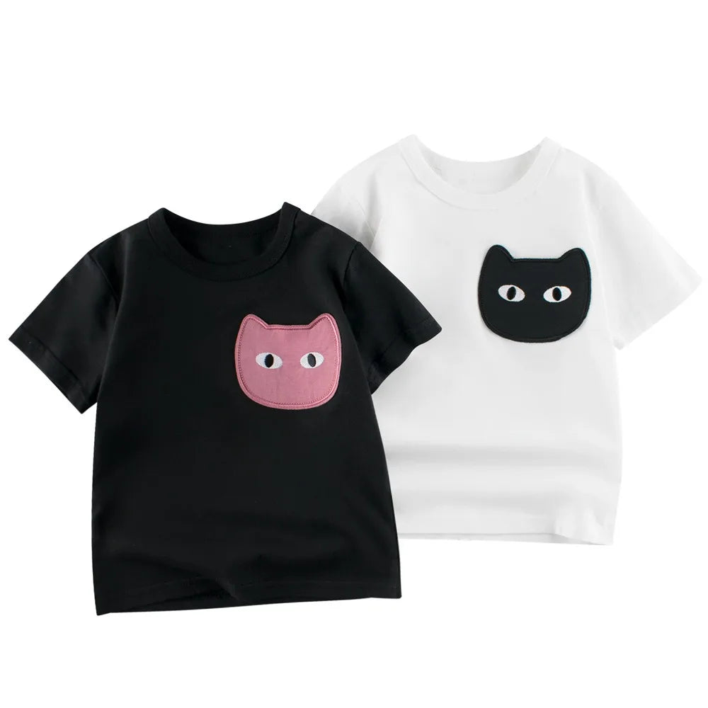 Desenhos animados, Roupas de Meninas, Crianças, Roupas de Verão, 2 Anos, 3 Anos, 4 Anos, 5 Anos, 6 Anos, 7 Anos, Camiseta de Manga Curta, 100% Algodão, Gato Bonito, 8 Anos