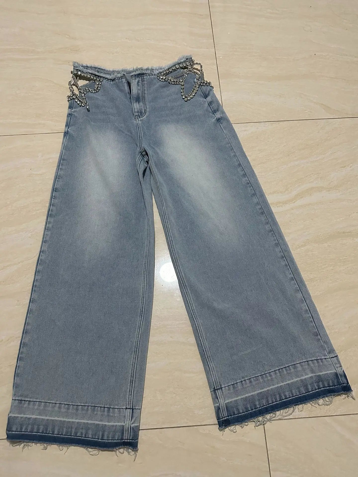 Calça Jeans Feminina Y2K Chic com Estrelas e Diamantes, Cintura Baixa, Recortes Laterais, Perna Larga Solta, Estilo Hip-Hop Streetwear Retrô Elegante