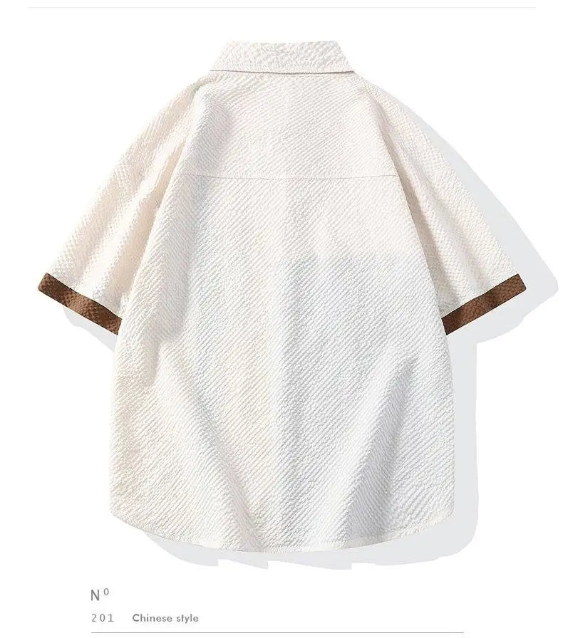 Conjunto Casual Masculino de Linho e Algodão, Camisa de Manga Curta com Colarinho e Calças Largas, Traje de Verão com Bordado Floral