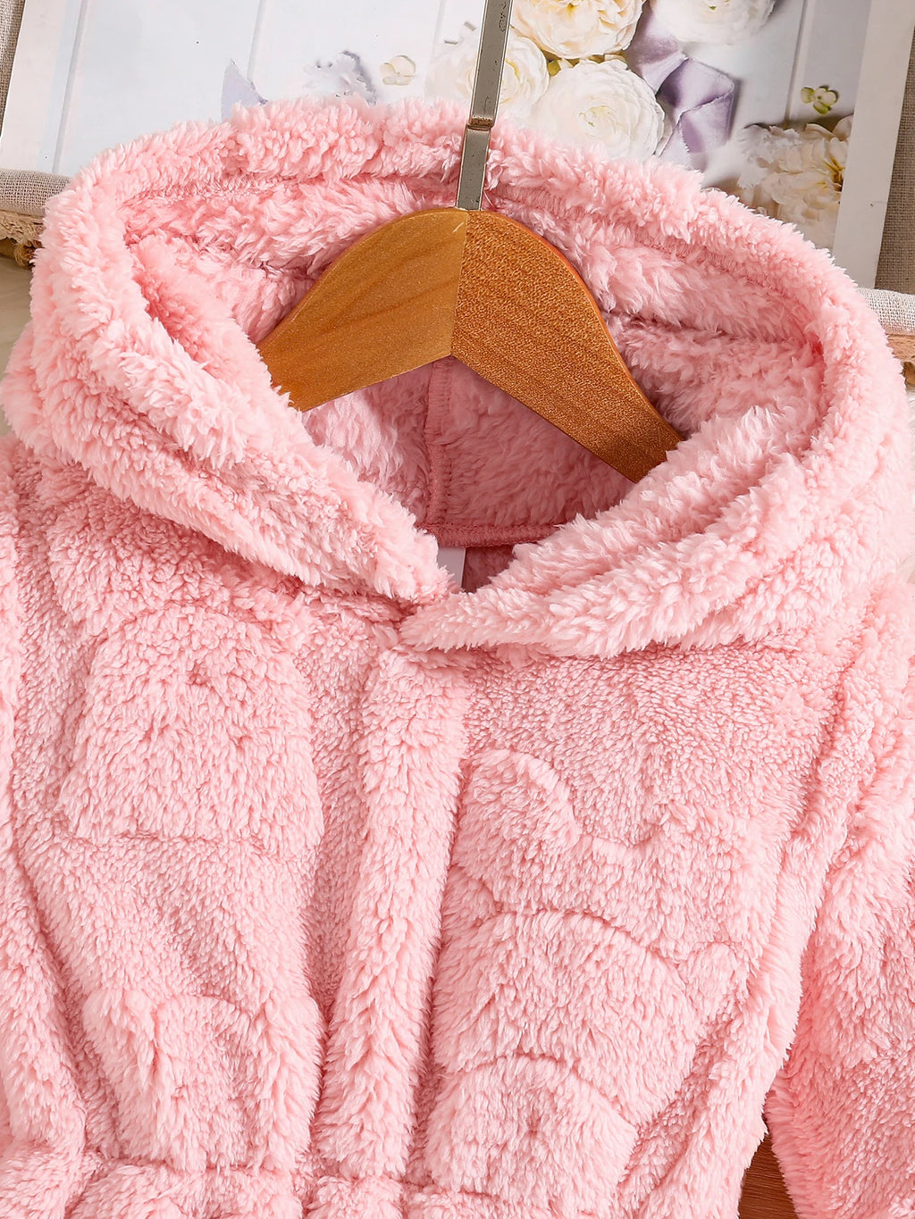 Meninas primavera e outono moda infantil casa casual quente veludo rosa casaco com capuz 4-8y1