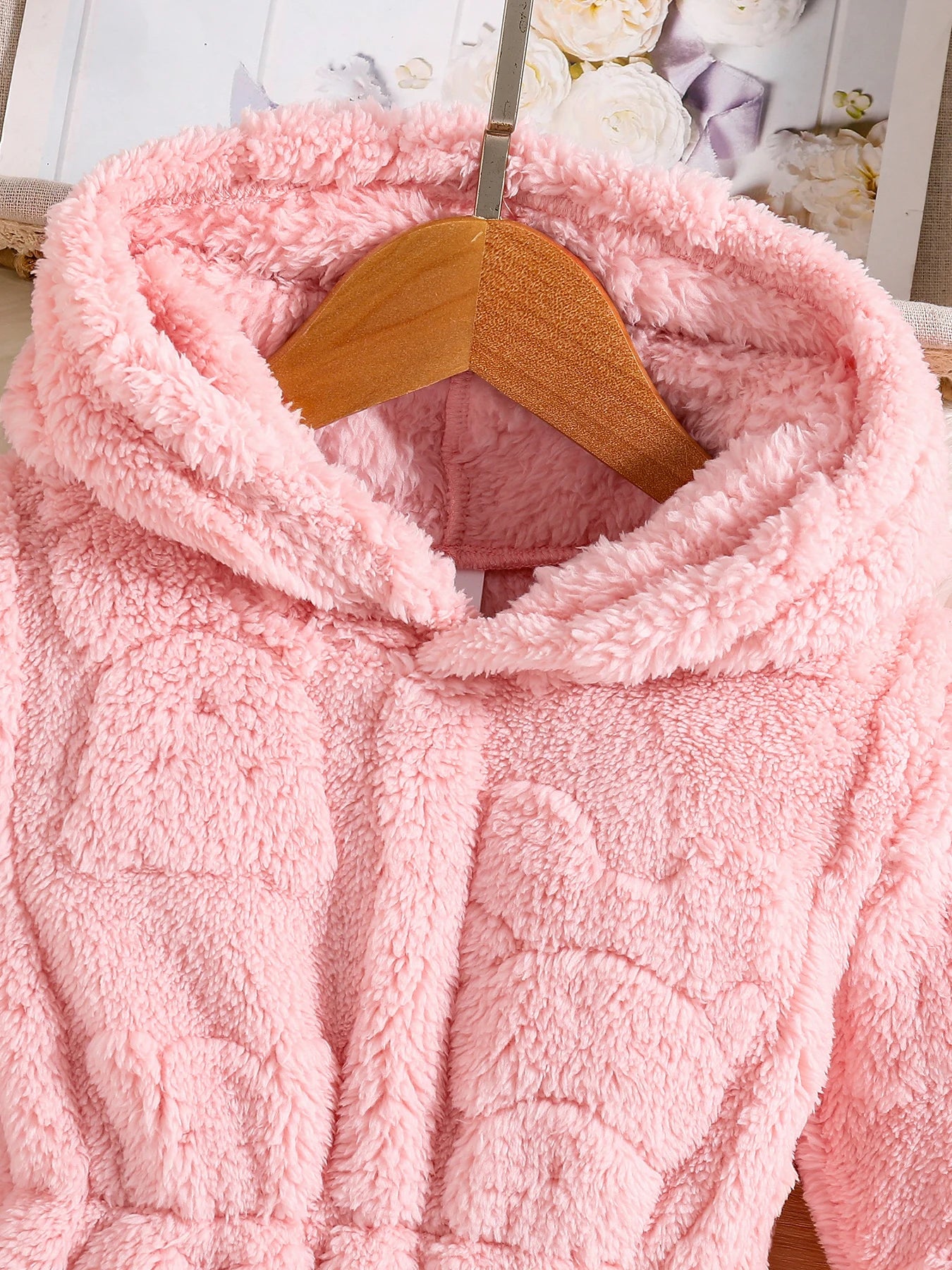 Meninas primavera e outono moda infantil casa casual quente veludo rosa casaco com capuz 4-8y1