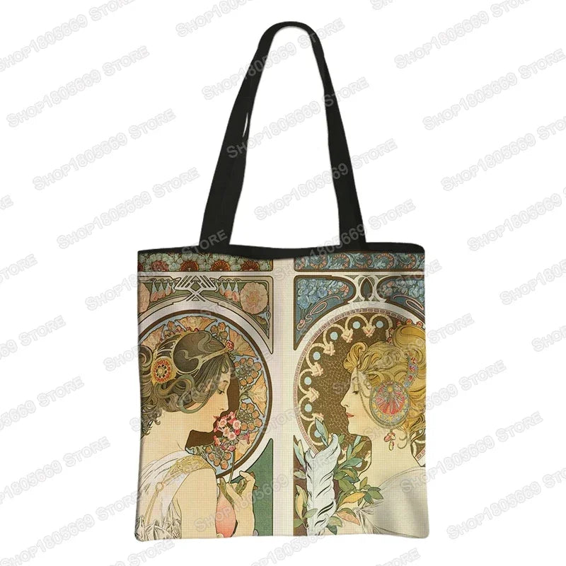 Alphonse Beauty Print Bolsa para Mulheres, Sacos De Compras De Armazenamento Reutilizável, Totes Casuais, Pintura A Óleo, Elegante Senhoras Tote