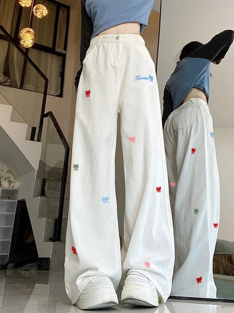 Arco bordado calças de brim femininas cintura alta vintage em linha reta baggy calças jeans coreano harajuku preppy branco perna larga denim