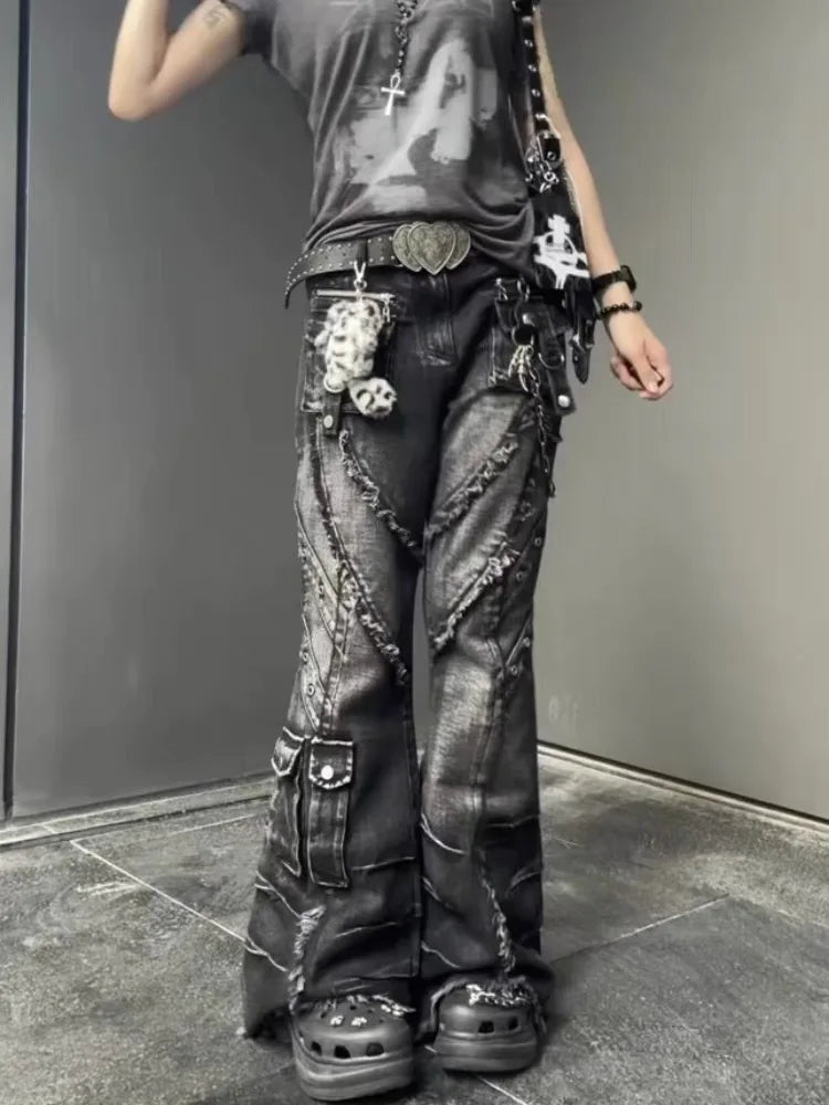 2025 outono inverno calças jeans femininas escuro academia carga jean queimado sino inferior designer kpop japonês y2k 2000s goblin core
