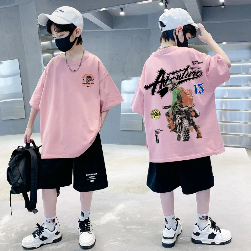 Roupas infantis coreanas 2025 meninos motocicleta camiseta gráfica verão manga curta 100% algodão solto crianças topo roupas infantis