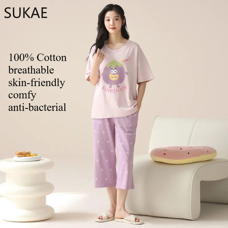 SUKAE-Conjunto de Pijamas dos desenhos animados das mulheres, 100% algodão, calça curta na altura do joelho, pijamas, capris loungewear, pijamas de verão, M-4XL