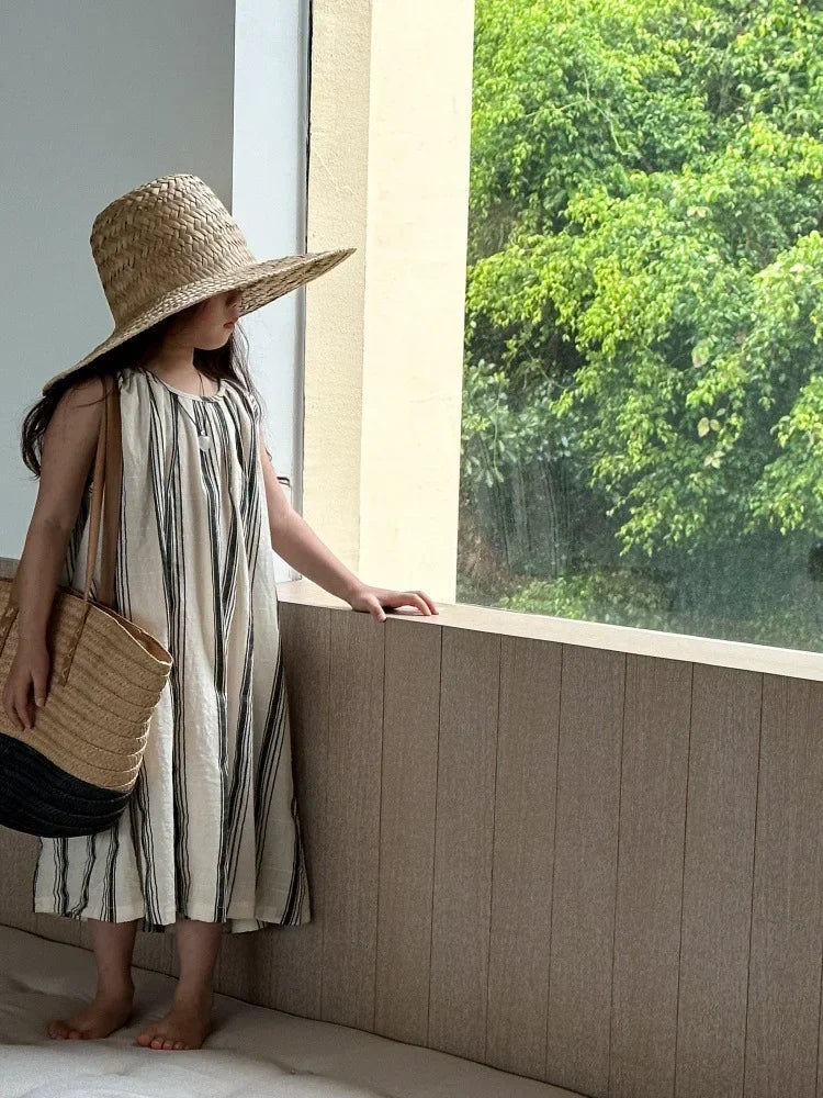 Crianças roupas meninas vestido sem mangas nova moda verão 2025 estilo coreano listra vertical francês retro vestido de férias