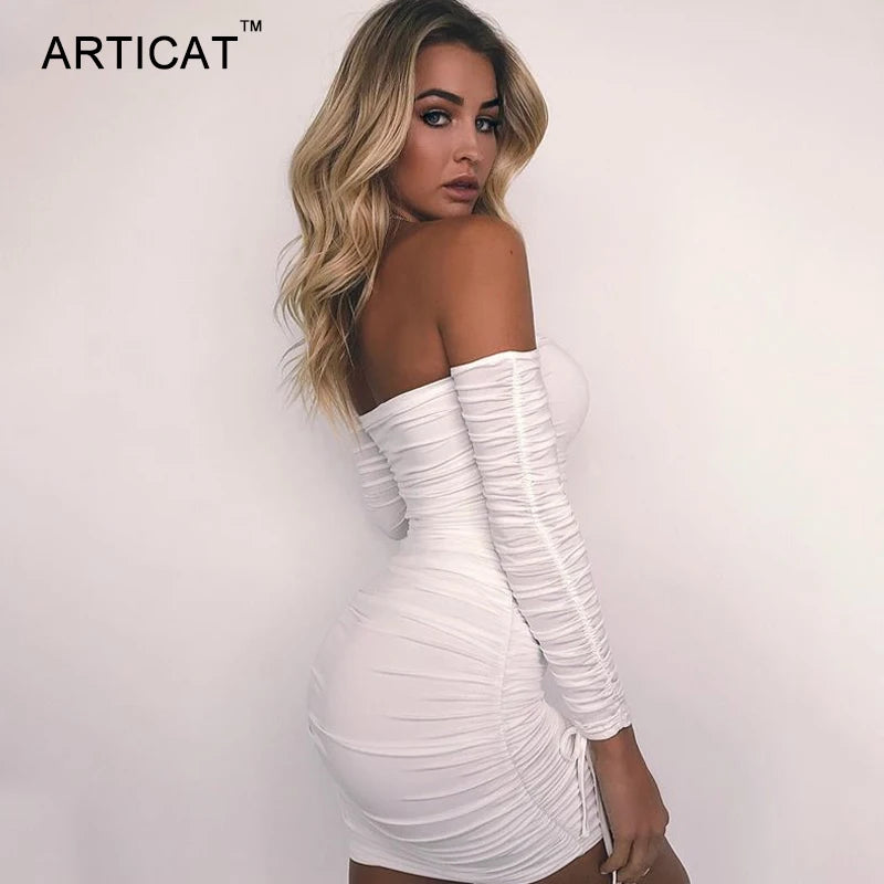 Articat feminino outono inverno bandage vestido feminino 2022 sexy fora do ombro manga longa magro elástico bodycon vestidos de festa