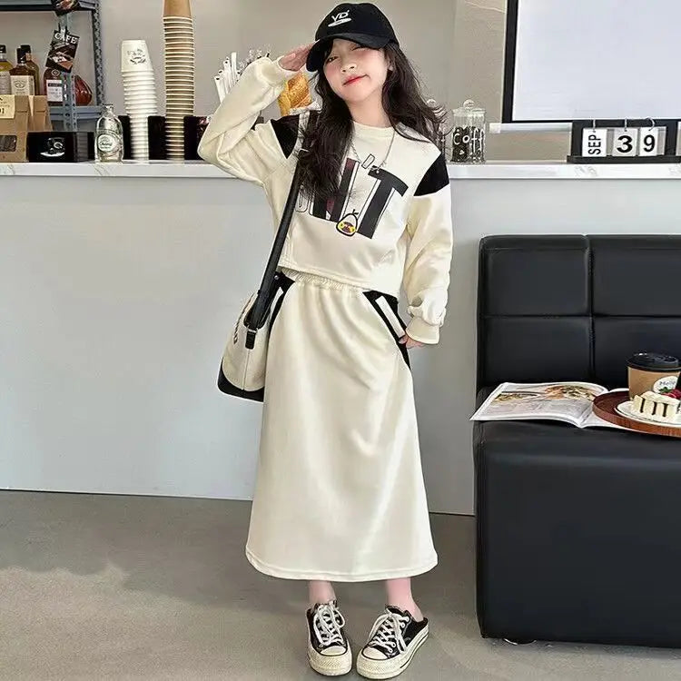 Roupas de Inverno e Outono 2026 para Meninas e Adolescentes: Blusas com Letras, Moletom com Capuz + Saias com Fenda para Idades de 4 a 13 Anos