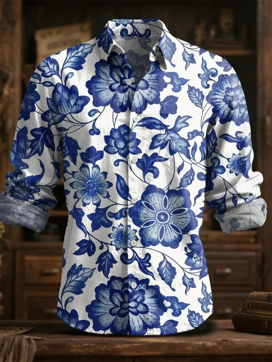 2025 primavera/verão moda masculina linho manga longa camisa de linho, impressão elegante, design de flor requintado