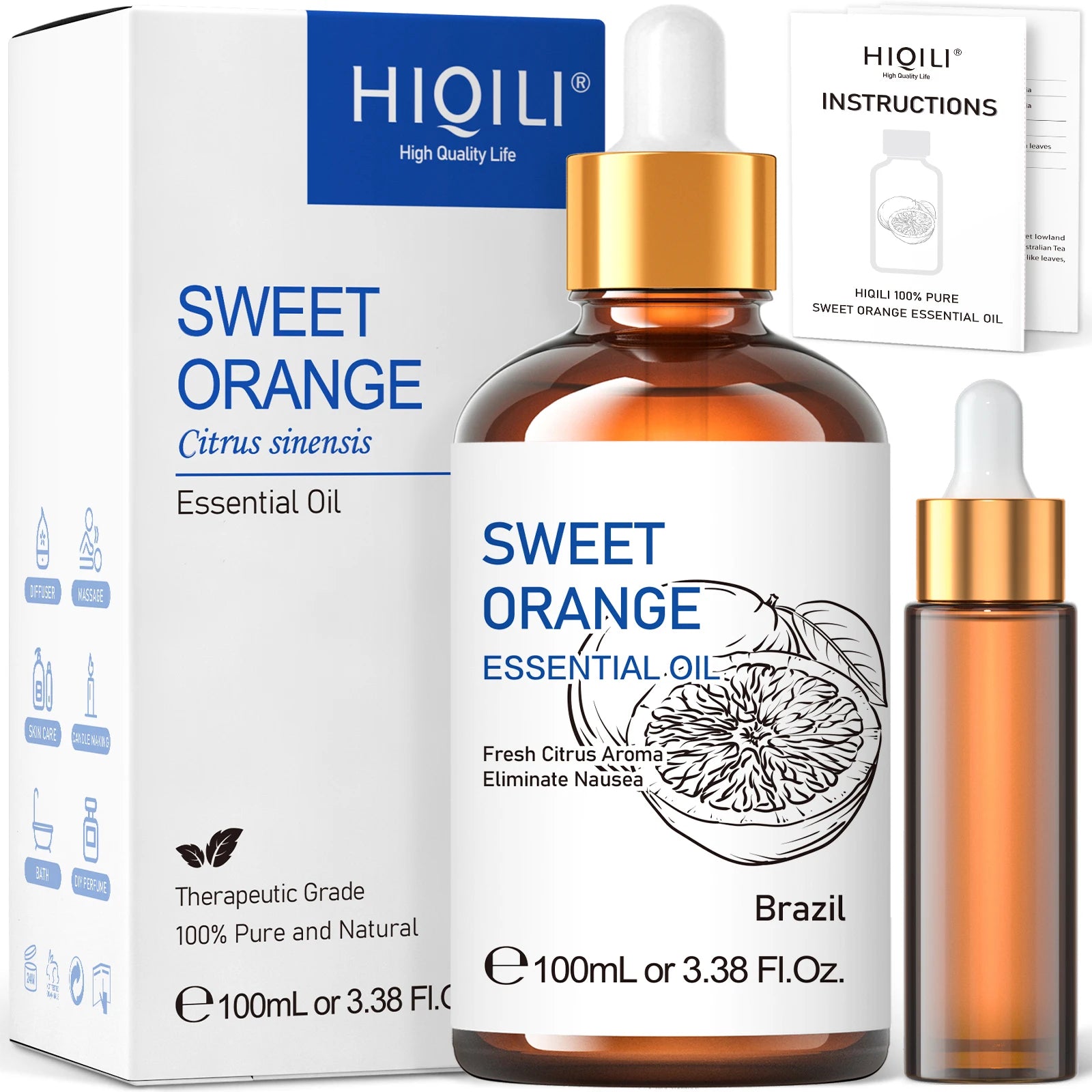 Óleos Essenciais de Laranja Doce HIQILI, Natureza 100% Pura, Aromaterapia, Difusor, Umidificador, Massagem, Ar Fresco, Vela, 100ml