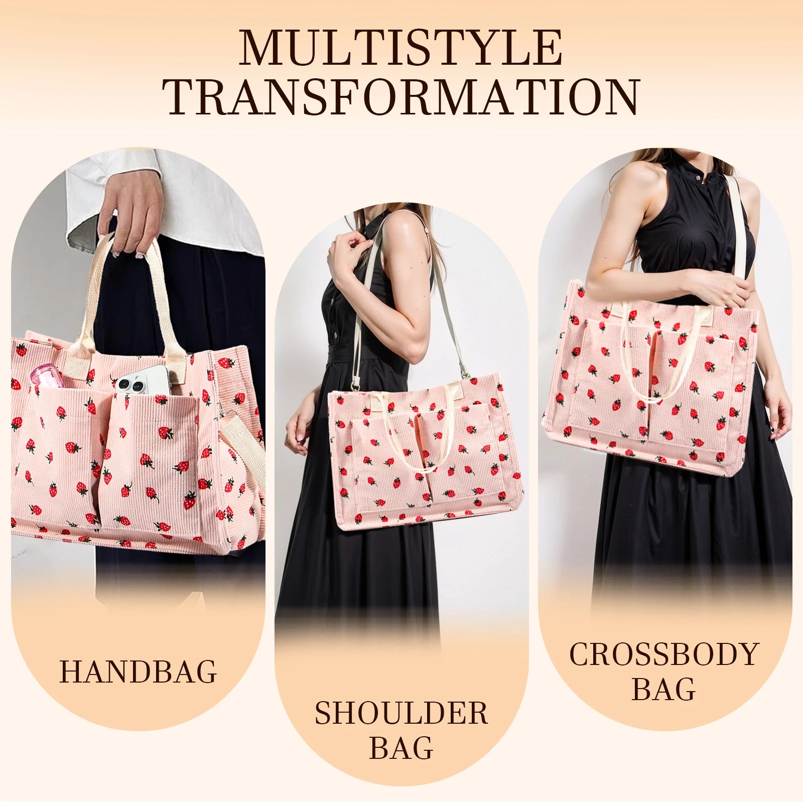 Bolsa tote fofa de morango com remendo para mulheres, bolsa tote de tecido de grande capacidade, sacola duradoura com ombro ajustável
