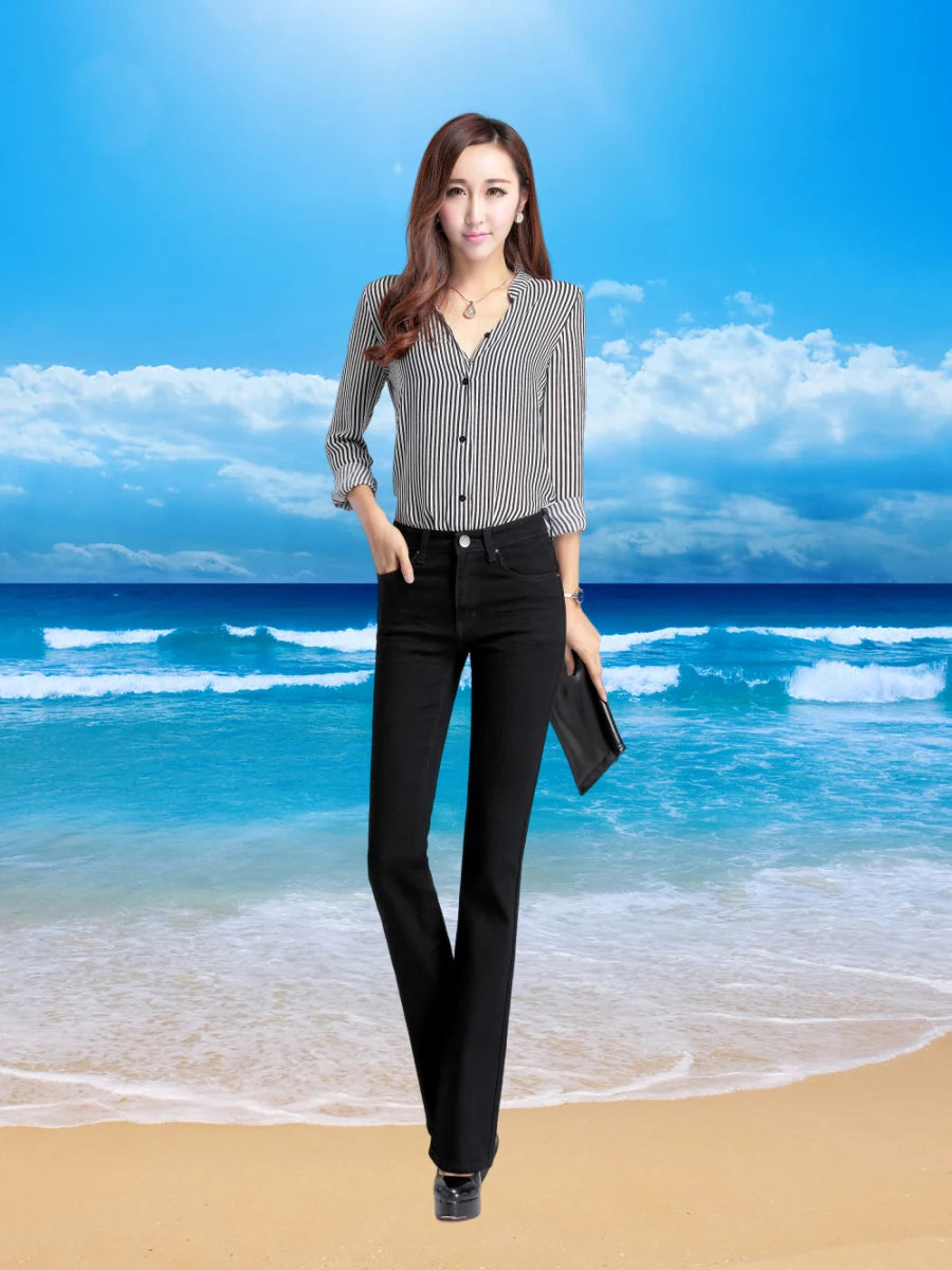 Jeans de cintura média de mulheres, calça casual confortável, elegante, alta qualidade, verão, primavera, verão, 2024