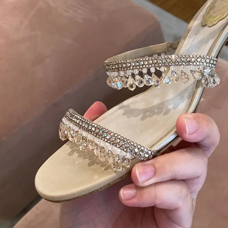Sandálias de strass para mulheres, salto de bloco, cristal, Open Toe, salto médio, novo, verão, 2024