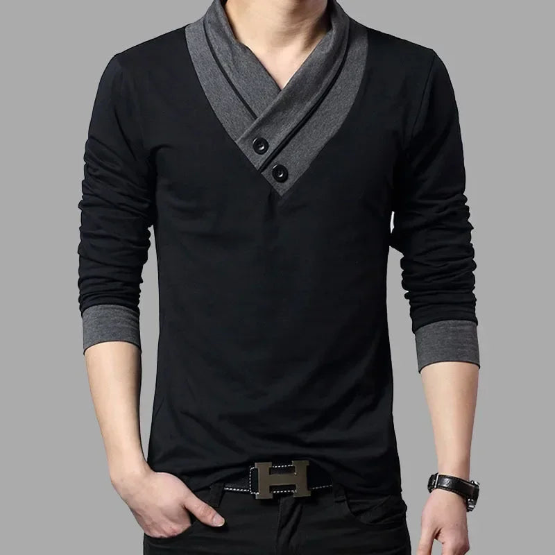 Camiseta Masculina Slim Fit de Manga Longa com Gola em Patchwork e Decote V, Tendência de Moda 2026, Camiseta de Algodão Plus Size 5XL