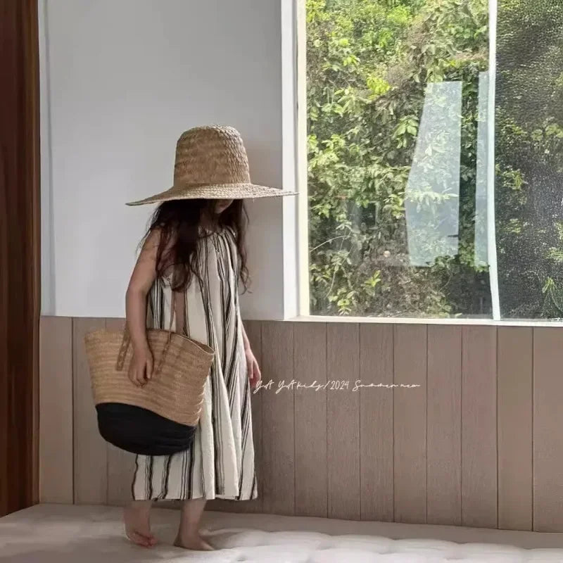 Crianças roupas meninas vestido sem mangas nova moda verão 2025 estilo coreano listra vertical francês retro vestido de férias