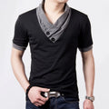 Novas Camisetas Masculinas Plus Size de Verão 2026, Moda Slim, Manga Curta, Patchwork, Decote em V, Camiseta Preta de Algodão para Homens