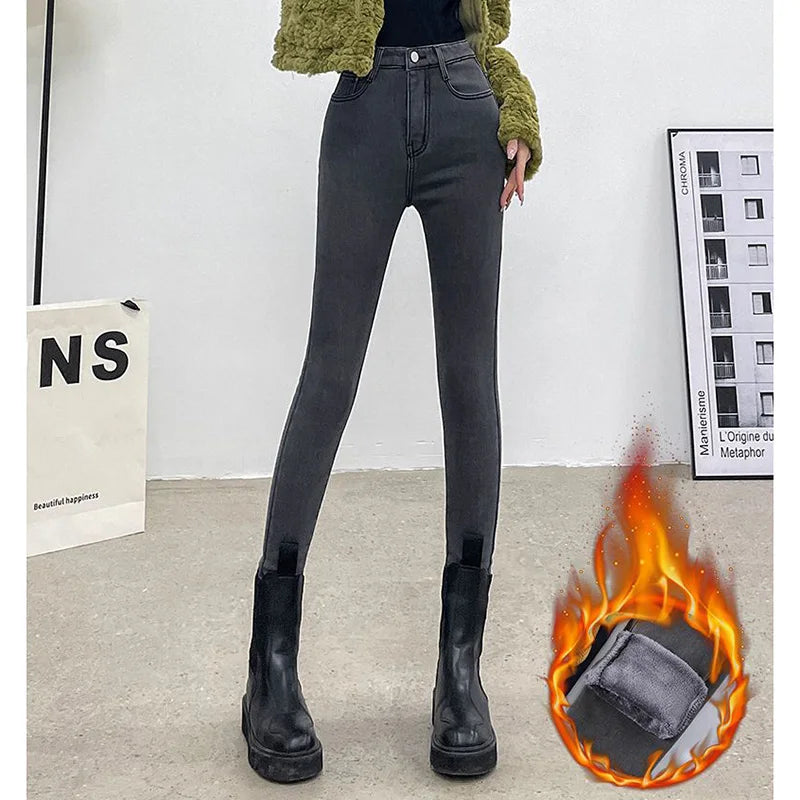 Inverno senhora térmica quente jeans de pelúcia magro estiramento jeans senhora fino ajuste lápis calças meninas perna reta denim