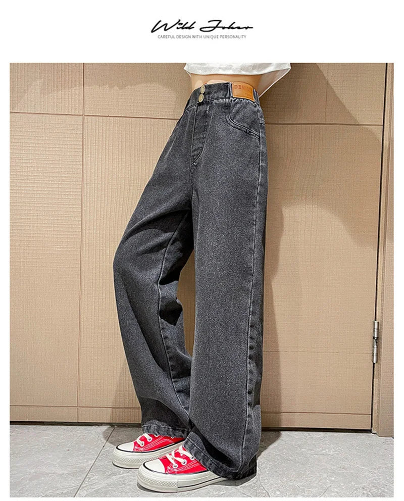 Jeans casuais soltos para meninas, calças longas retas para a escola, perna larga, para crianças de 5 a 14 anos, outono