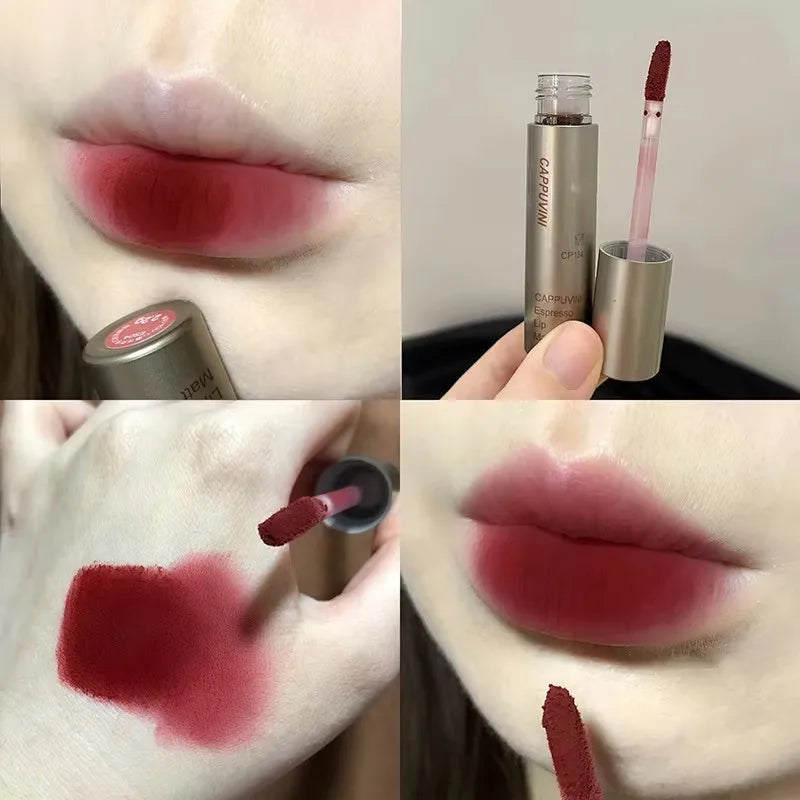 Batom fosco de veludo vermelho escuro, à prova d'água, longa duração, fosco, brilho labial, copo antiaderente, maquiagem labial, maquiagem cosmética