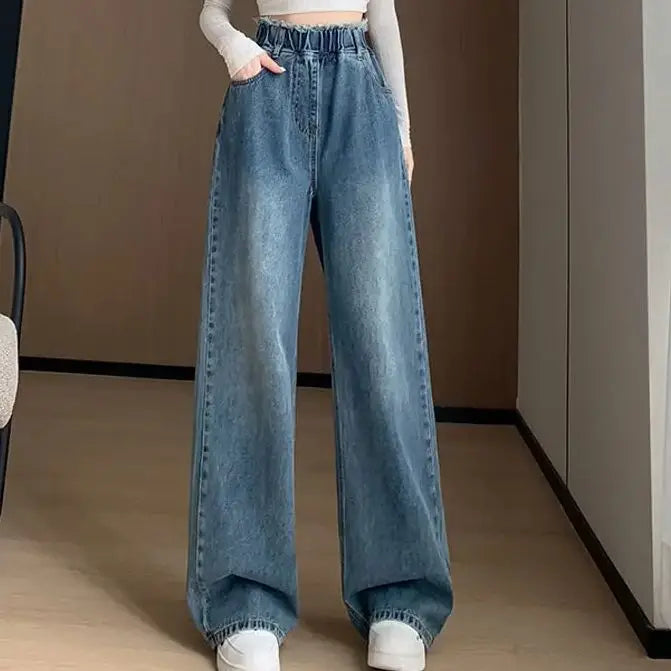 Calças jeans de tamanho grande femininas trilha reta perna larga solta cintura alta fina renda borla calças superiores