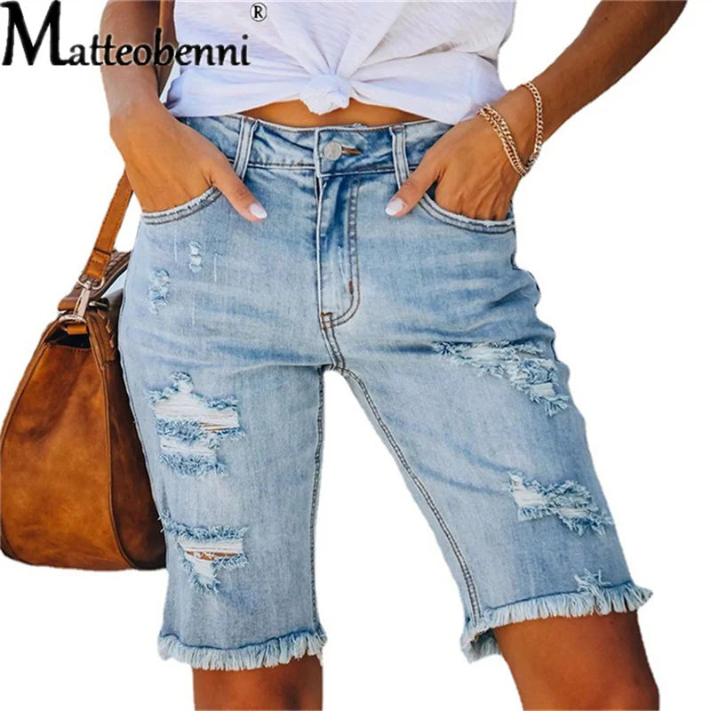 Calça jeans rasgada feminina com borla, calça elástica alta, cintura média, cinco pontos, buraco fino, shorts casuais femininos, verão, rua