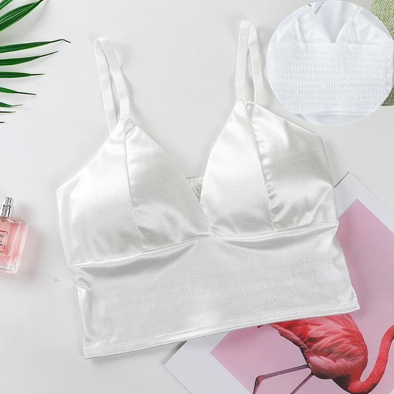 Sexy tops de cetim para mulheres, bralette sem fio, top de crochê, alça de espaguete feminina, camiseta cortada com peito, camisola acolchoada