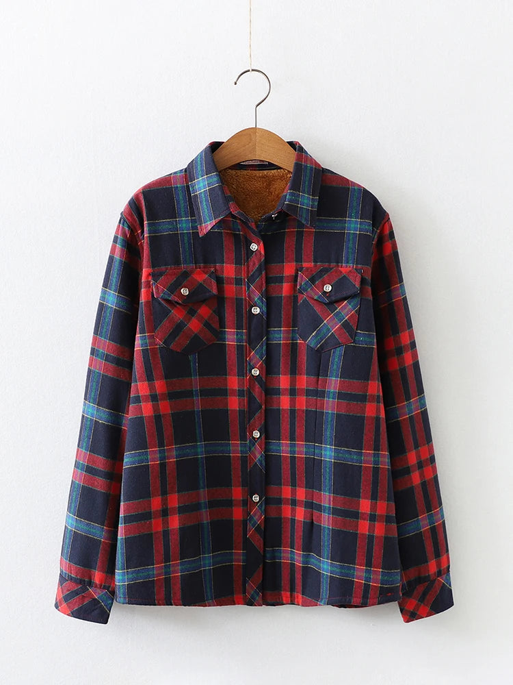 Camisa Xadrez Feminina de Veludo Grossa e Quente, Blusa Casual de Manga Longa com Forro de Lã para Inverno, Tamanhos M-5XL, Roupa de Outono T77710A