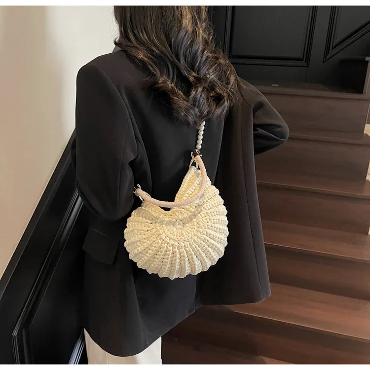 Criativo concha em forma de crochê feminino ombro sacos engraçado bonito pérolas correntes artesanal tecer crossbody saco novidade pequenas bolsas