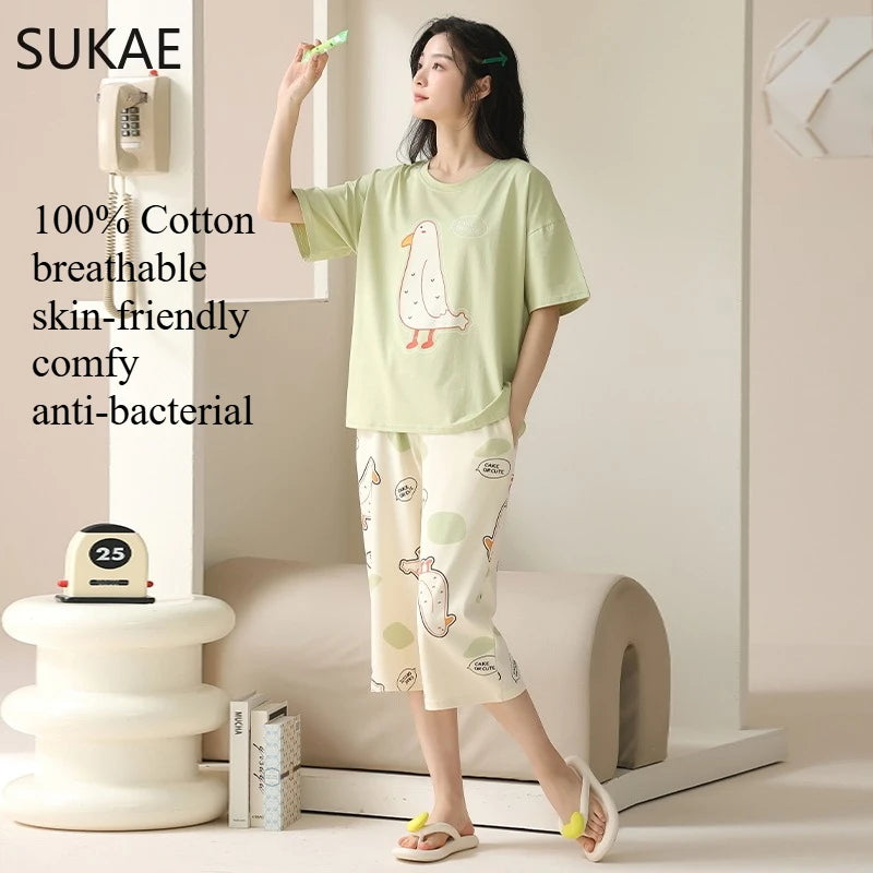 SUKAE-Conjunto de Pijamas dos desenhos animados das mulheres, 100% algodão, calça curta na altura do joelho, pijamas, capris loungewear, pijamas de verão, M-4XL