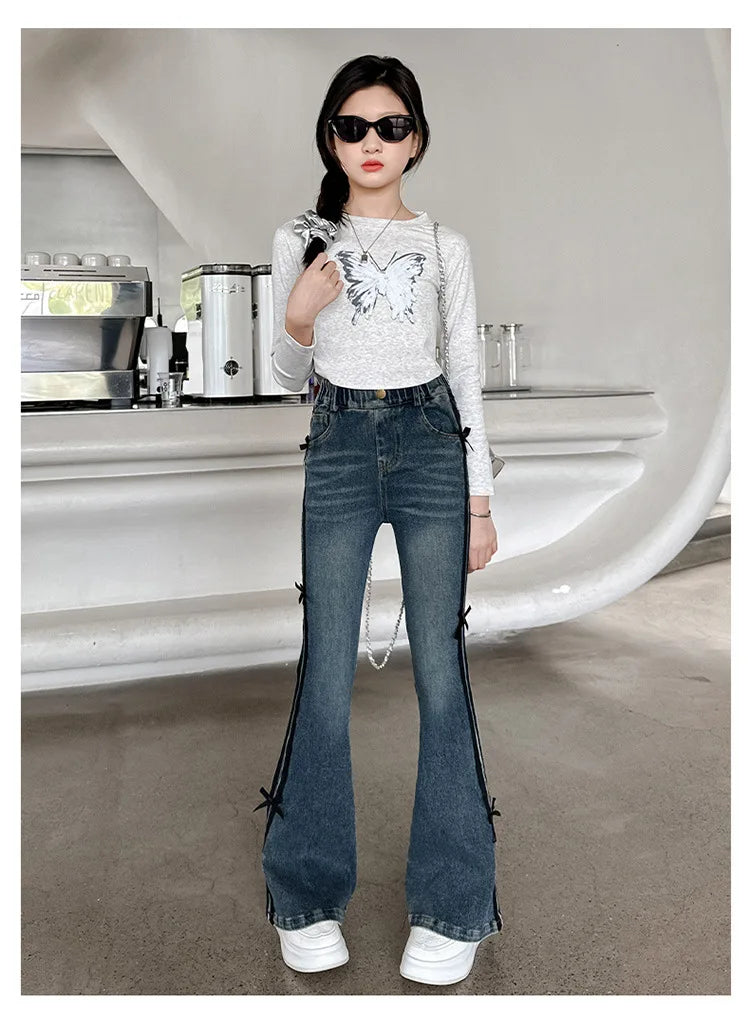 Crianças inverno fino ajuste bootcut flanela forrado jeans para meninas elegante isolado queimado calças jeans crianças calças térmicas quentes