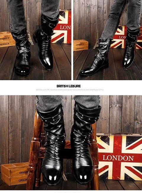 Inverno apontou toe botas de cano médio masculino fivela cinta chelsea bota para homens de couro botas de motocicleta alta superior homem sapato de inverno