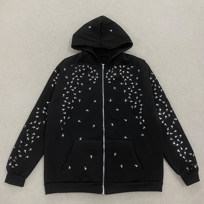 Outono inverno americano hip hop vintage manga comprida moletom com capuz gótico escuro cruz apliques decorado zíper cardigan casaco de rua alta