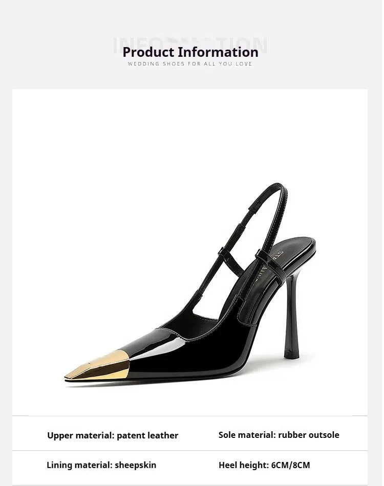 Novo verão sandálias femininas de salto alto ouro cabeça de ferro couro patente preto stiletto cabeça quadrada dedo do pé fechado estilingue volta sapatos